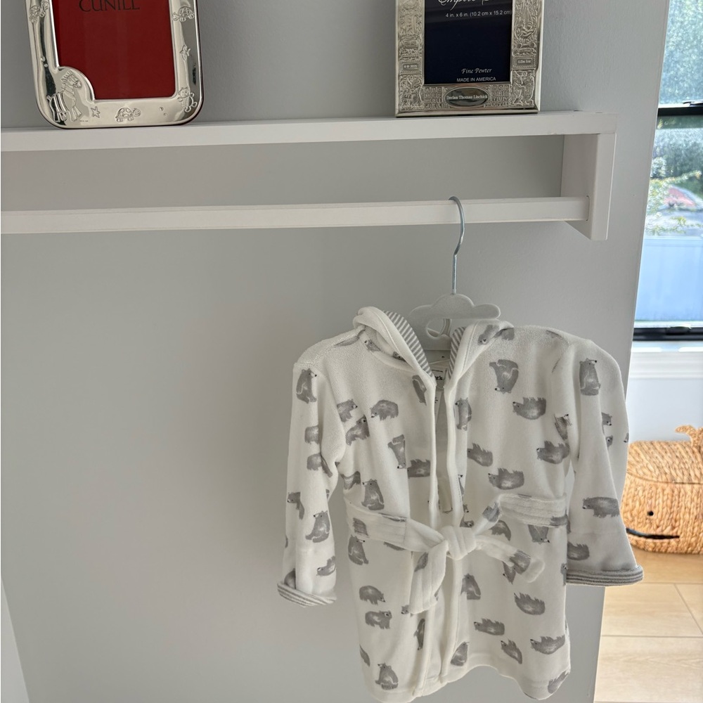 Adorable White Baby Robe with Gray Bear Print